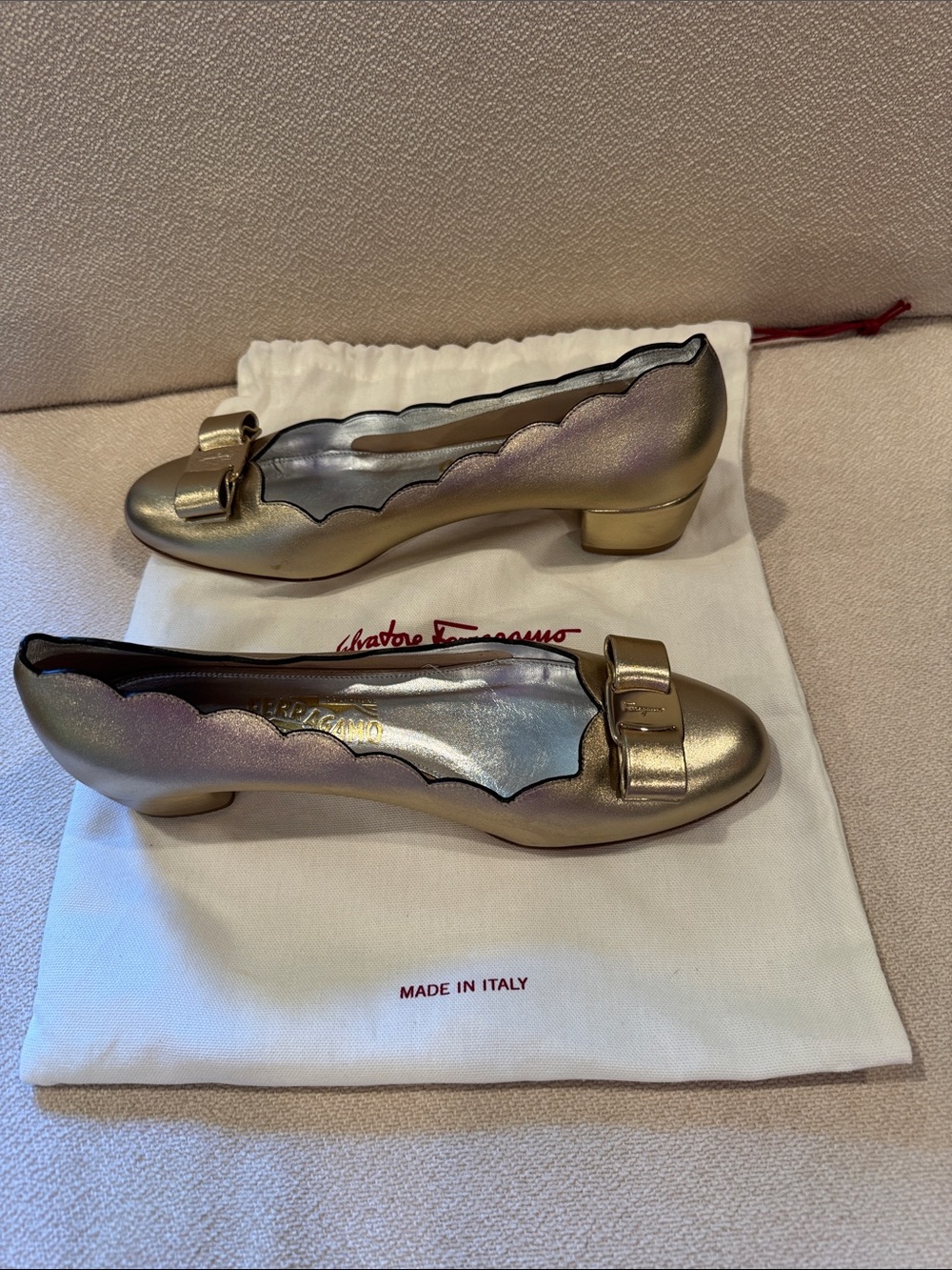 Salvatore Ferragamo Iridescent Gold Vara Bow Flats